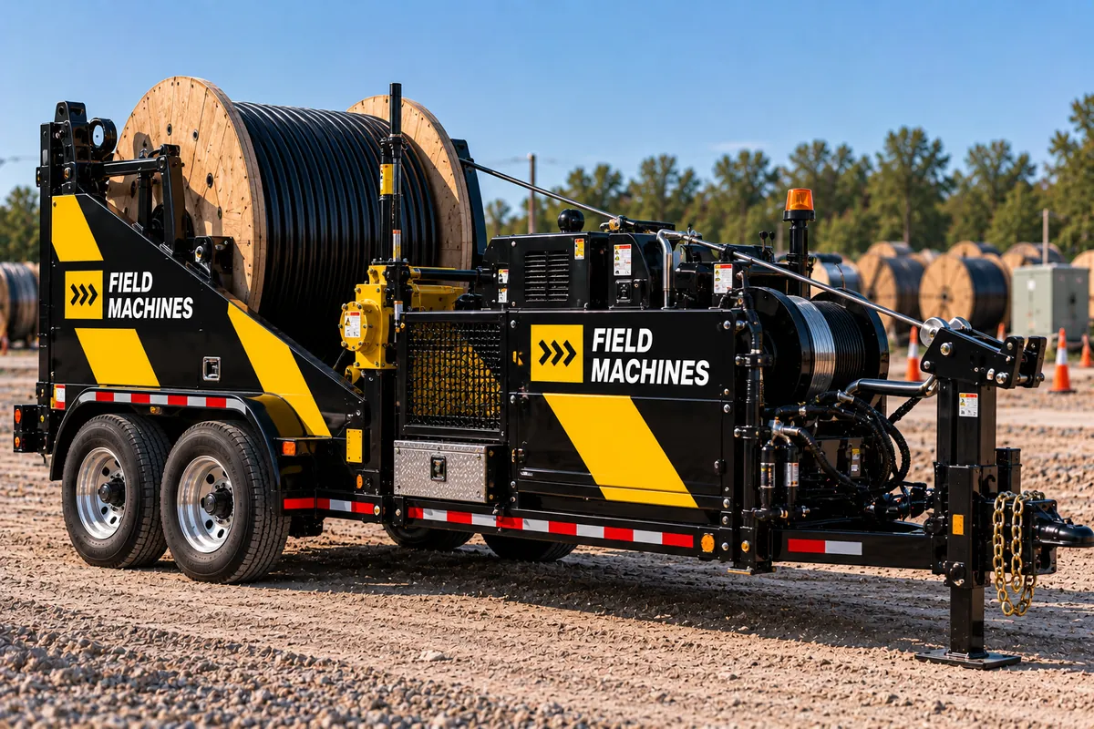 Field Machines reel trailer with cable puller